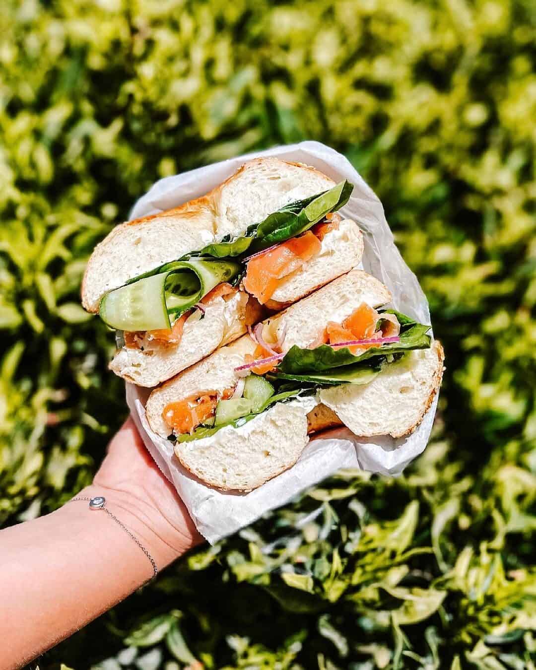 A freshly made salmon bagel in the El Gouna sunshine