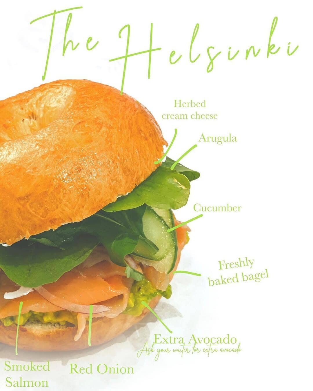The Helsinki bagel — smoked salmon, cream cheese, cucumber and arugula