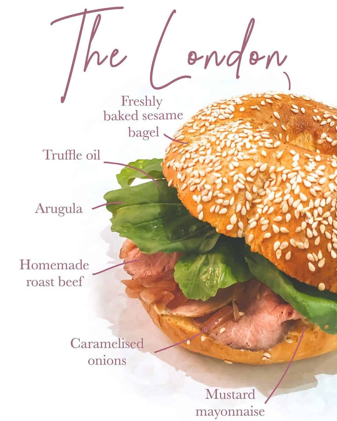 The London bagel — home-roasted beef, caramelised onions, truffle oil and arugula